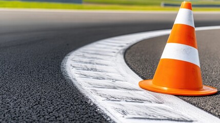 A traffic cone on its side resting on the asphalt of a racetrack, capturing the essence of daytime race track control