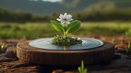 Canvas Print - White Flower Growing on Wooden Platform with Water and Green Grass