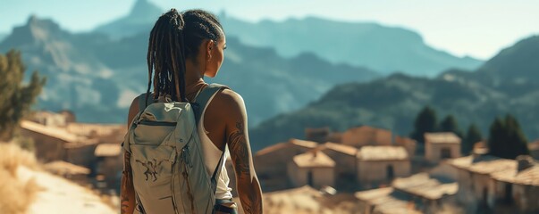 A Black woman with dreadlocks and tattoos backpacking through a remote village, embracing the culture and scenery around her