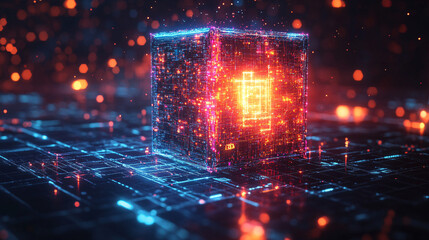 abstract digital cube with glowing circuitry and bokeh lights in red and blue