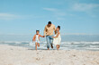 © peopleimages.com - Care, holding hands and running with family at beach for travel destination, summer or vacation. Relax, tropical and adventure with father and children for holiday, bonding and happiness together
