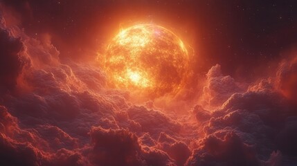 Wall Mural - celestial apocalypse rising: epic solar storm engulfs ancient planet in golden flames through the co