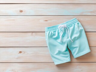 Top view of blank swim shorts on wooden background, folded, minimalistic flat lay