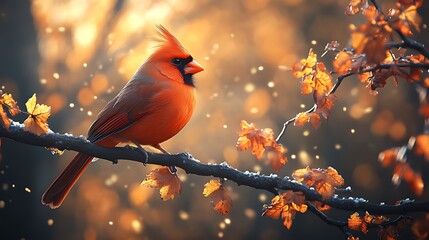 Wall Mural - A vibrant red cardinal perched on a branch with autumn leaves and a bokeh background.