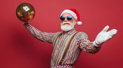 photo of retired old man grey beard hold vintage disco ball dance funky wear santa x-mas costume sus