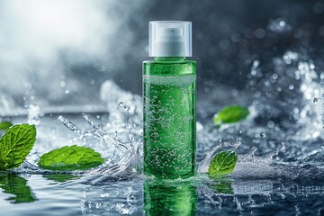 Wall Mural - Refreshing Green Liquid Bottle with Mint and Water Splash