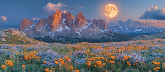 Wall Mural - A serene landscape featuring mountains, a full moon, and vibrant wildflowers.