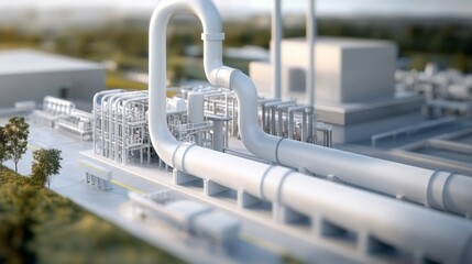 Modern facility showcasing carbon capture with pipelines and storage units, clean and professional design.