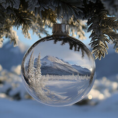 Wall Mural - a christmas ornament reflecting a snowy winter forest