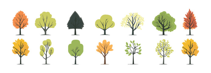 Wall Mural - Set of tree and leaf collection hand drawn flat design vector element. botanical set of bare trees and ones with leaves and lush green