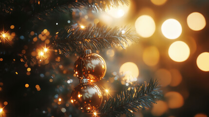Wall Mural - christmas tree decoration illuminated glowing ornament celebration banner with copy space