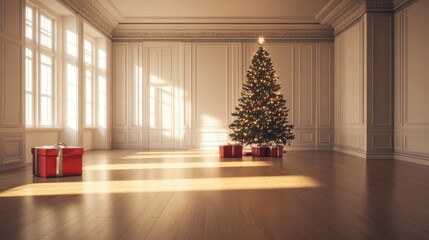 A large empty room with a Christmas tree in the corner. The tree is decorated with lights and ornaments. There are two red boxes on the floor, one on the left and one on the right