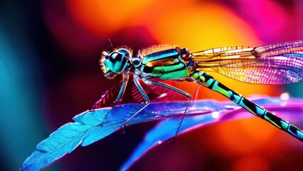 Wall Mural - A vibrant macro shot of a dragonfly perched on a leaf, showcasing its colorful details.