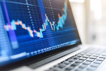 A close-up view of a laptop screen displaying fluctuating stock market charts during the daytime in a modern office setting