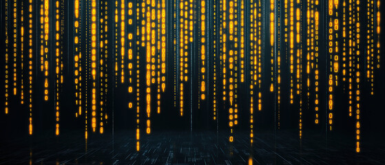 A captivating background of shining yellow binary code streams down against a dark backdrop, reflecting a high-tech and futuristic theme focused on artificial intelligence