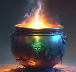 Illustration of witch pot with fire and glow effect.