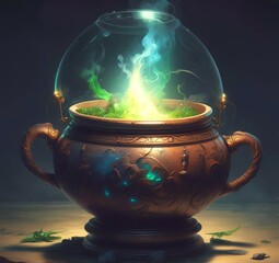 Illustration of witch pot with fire and glow effect.