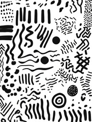Leinwandbilder - The artwork displays an array of abstract black and white doodles, showcasing various patterns and dynamic lines in a creative composition. Generative AI