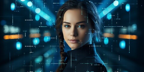 Wall Mural - A portrait of an AI-technical woman with facial recognition technology overlay