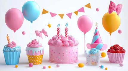 Colorful 3D Birthday Party Decorations with Cupcakes, Balloons, and Cake on White Background