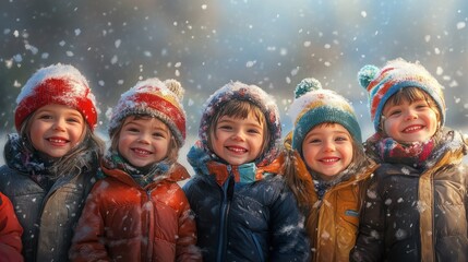 happy kids in winter clothing outdoors