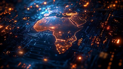 A glowing outline of the continent of Africa on a circuit board.