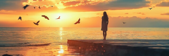 A serene sunset over the ocean as a woman stands on a pier, silhouetted against the colorful sky.