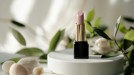 Aufkleber - A pink lipstick with a gold band is placed on a white round platform. The lipstick is surrounded by green leaves and white stones. The platform sits on a white surface.