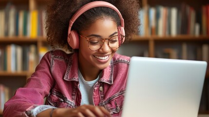 Online education, e-learning. Happy african american young woman in stylish casual clothes, studying remotely, using a laptop, listening to online lecture, taking notes while sitting at home, smiles