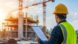 © PixelPlace - A construction engineer wearing a hard hat and safety vest reviews building plans on a tablet at an active construction site with cranes and scaffolding.