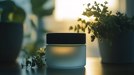 Poster - Soft evening light filters through a window, illuminating a frosted glass jar resting on a wooden table. Nearby, lush green plants add a touch of nature, creating a serene atmosphere.