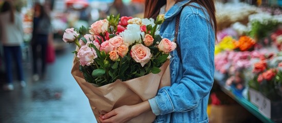 A woman in a blue denim jacket holds a bouquet of pink roses in a brown paper bag.