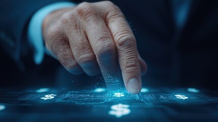 Businessman using digital interface to analyze financial data with a hand gesture, futuristic technology.