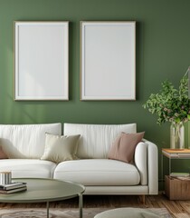 A white couch with two pillows in front of a green wall with two empty frames