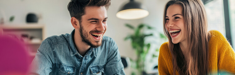 Smiling and working happily together, two young professionals in a modern office represent the productivity and collaboration of a modern business environment.