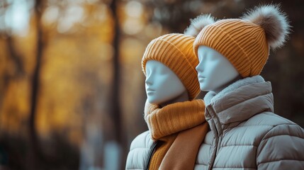 Mannequins dressed in warm winter attire with yellow knitted hats and puffer jackets, styled in an outdoor autumn setting