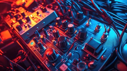 a macro shot of a guitar pedal board with various effects pedals connected by patch cables, set on a