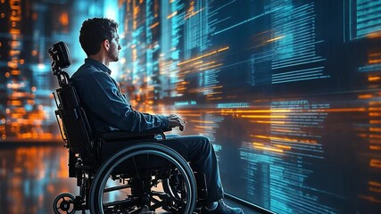 Person in a wheelchair engaged with a digital interface in a modern technology environment