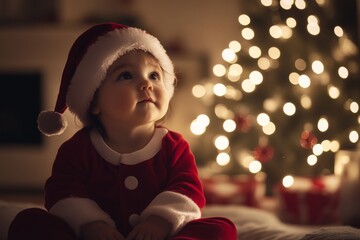 A young child wearing a Santa Claus outfit sits contently, admiring a sparkling Christmas tree adorned with lights and decorations in a cozy setting