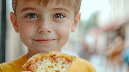 Happy boy enjoying a slice of pizza outdoors, capturing a joyful moment.