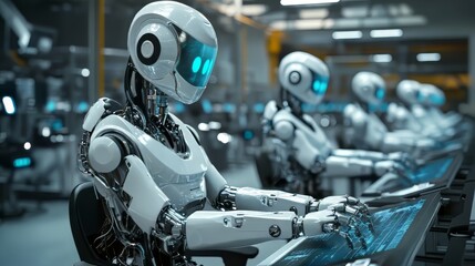 Ai robots collaborating with humans on the factory floor for advanced manufacturing solutions. productivity tools. Ultra realistic. Photorealistic