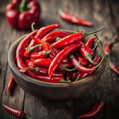 Wall Mural - A rustic wooden bowl brimming with vibrant red chili peppers, enhancing the rich tones of the wooden texture.