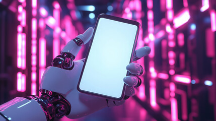 3D white robot hand holding smartphone with white blank screen on digital neon pink purple background, cyber, online, phone display, technology, robotics, future, android