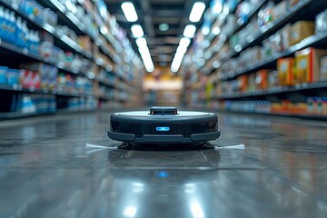 Modern cleaning robot cleans the floors between the counters in the store