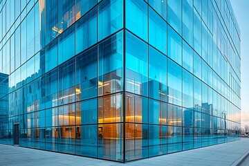 Large building with a blue glass facade, rectangular in shape and has a corner. Reflective and gives modern and sleek appearance