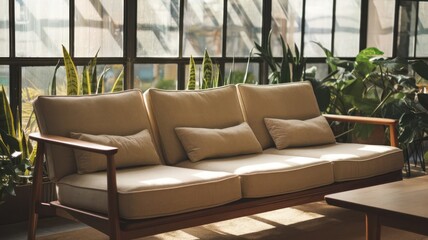 Wall Mural - Cozy Seating Area With a Comfortable Couch Surrounded by Lush Plants in a Sunlit Room