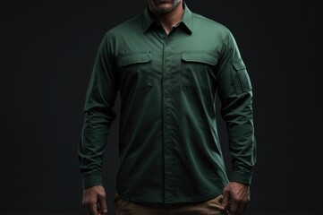 Man wearing green long-sleeved t-shirt mockup on dark background. Mock up template for design print photos