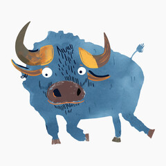 Whimsical blue cartoon buffalo illustration