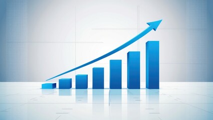 a blue bar graph illustrating steady growth on a light background with a rising arrow