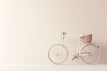 A sleek, minimal bicycle with a basket leans against a smooth wall, promoting sustainable and stylish commuting choices. Generative AI